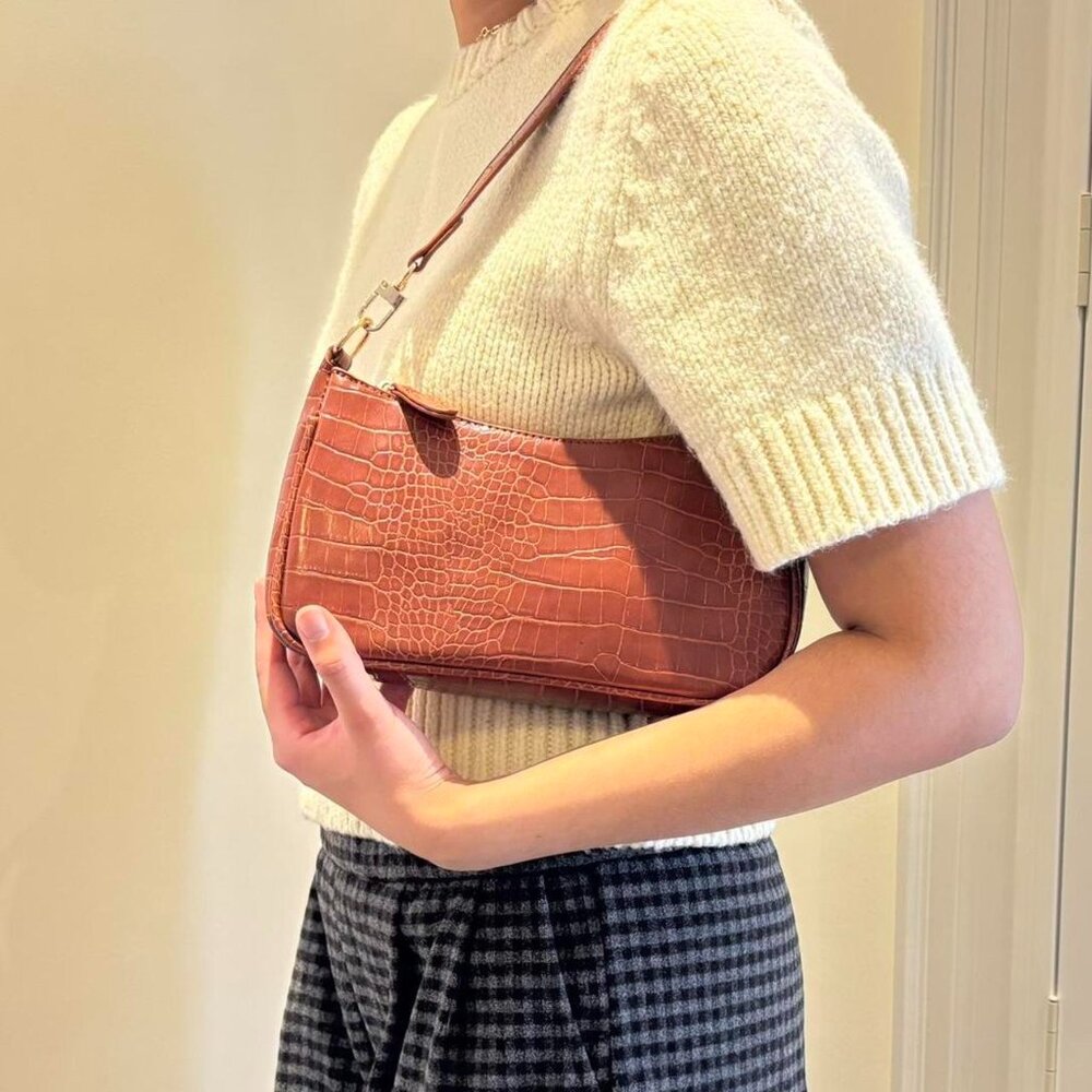 Croc-Embossed Shoulder Bag in Cognac Brown